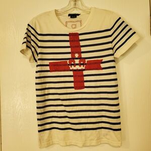 Ralph Lauren '06 Royal White & Blue Nautical Stripe Red Beaded T-Shirt, Sz L